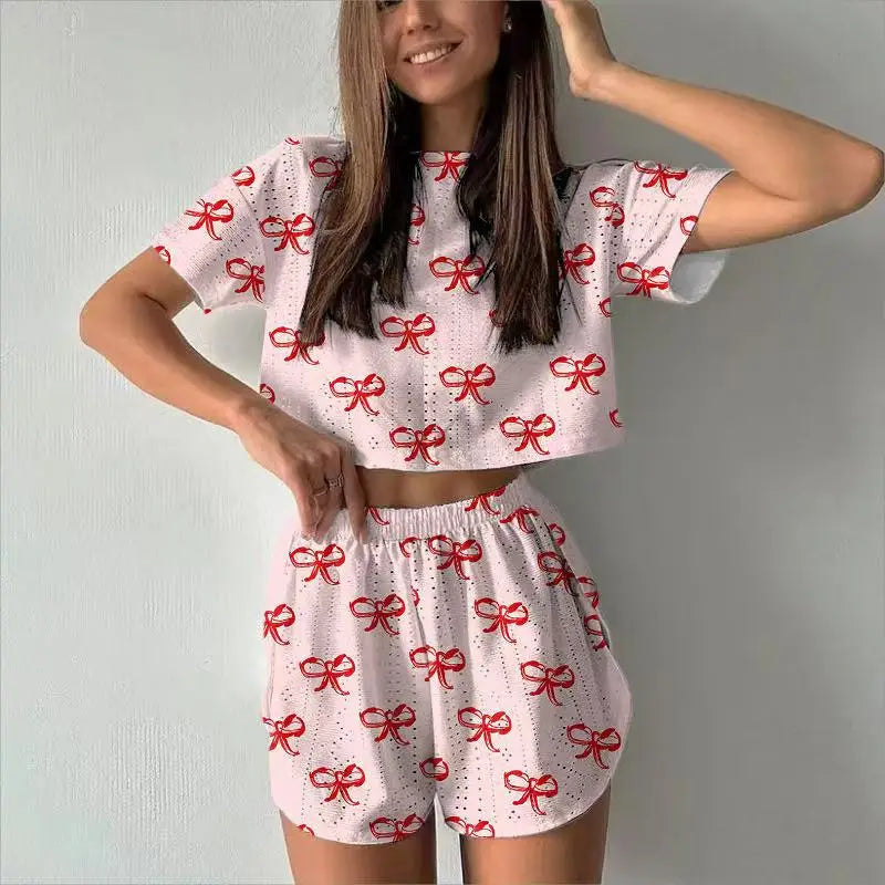 Women Pajamas Set Women's Short Sleeve Shorts Jacquard Print Summer Fashion Two-piece Pajamas Homewear Set Loungewear for Women