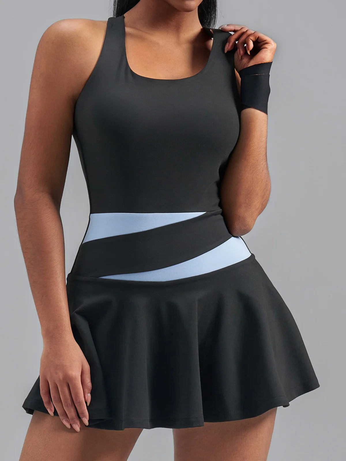 Women's Color Blocked Tennis Dresses Women Hollow Back Cross One Piece Sports Suits Built in Shorts with Pocket Yoga Golf Skirt