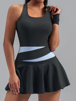 Women's Color Blocked Tennis Dresses Women Hollow Back Cross One Piece Sports Suits Built in Shorts with Pocket Yoga Golf Skirt