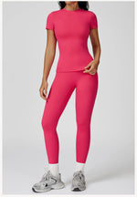 New Yoga Set Two Piece Women Short Sleeve Top with High Waist Leggings Seamless Workout Clothes Patchwork Sport Fitness Gym Sets