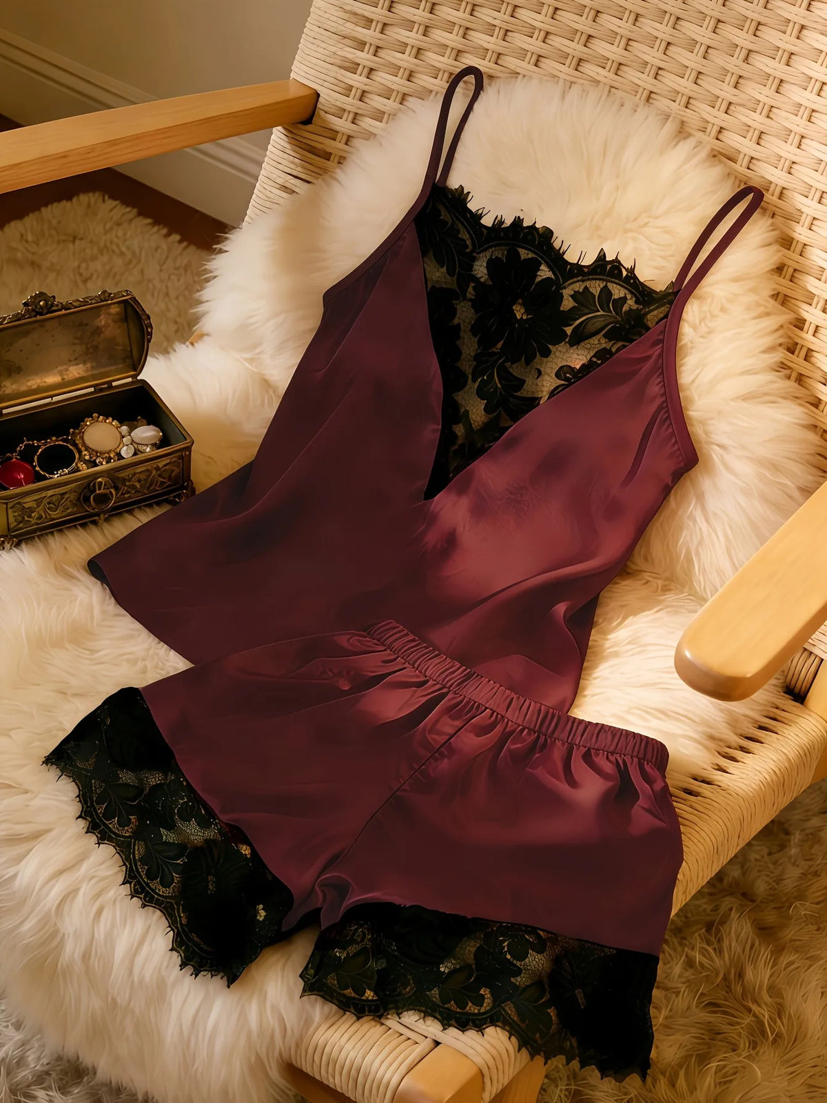 Women's Satin Camisole Shorts Set, Lace Trim Cami Top and Shorts, Silky Spring Summer Sleepwear Loungewear Pajama