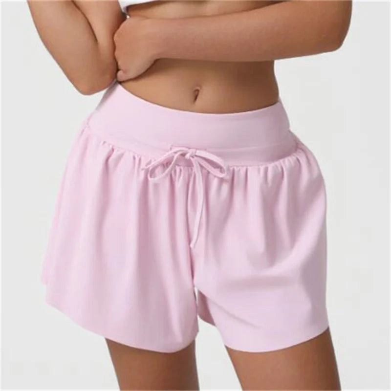 Women's Loose Nude Sports Shorts Solid Pink Drawstring High Waist Yoga Leggings Outdoor Running Casual Fitness Exercise Shorts