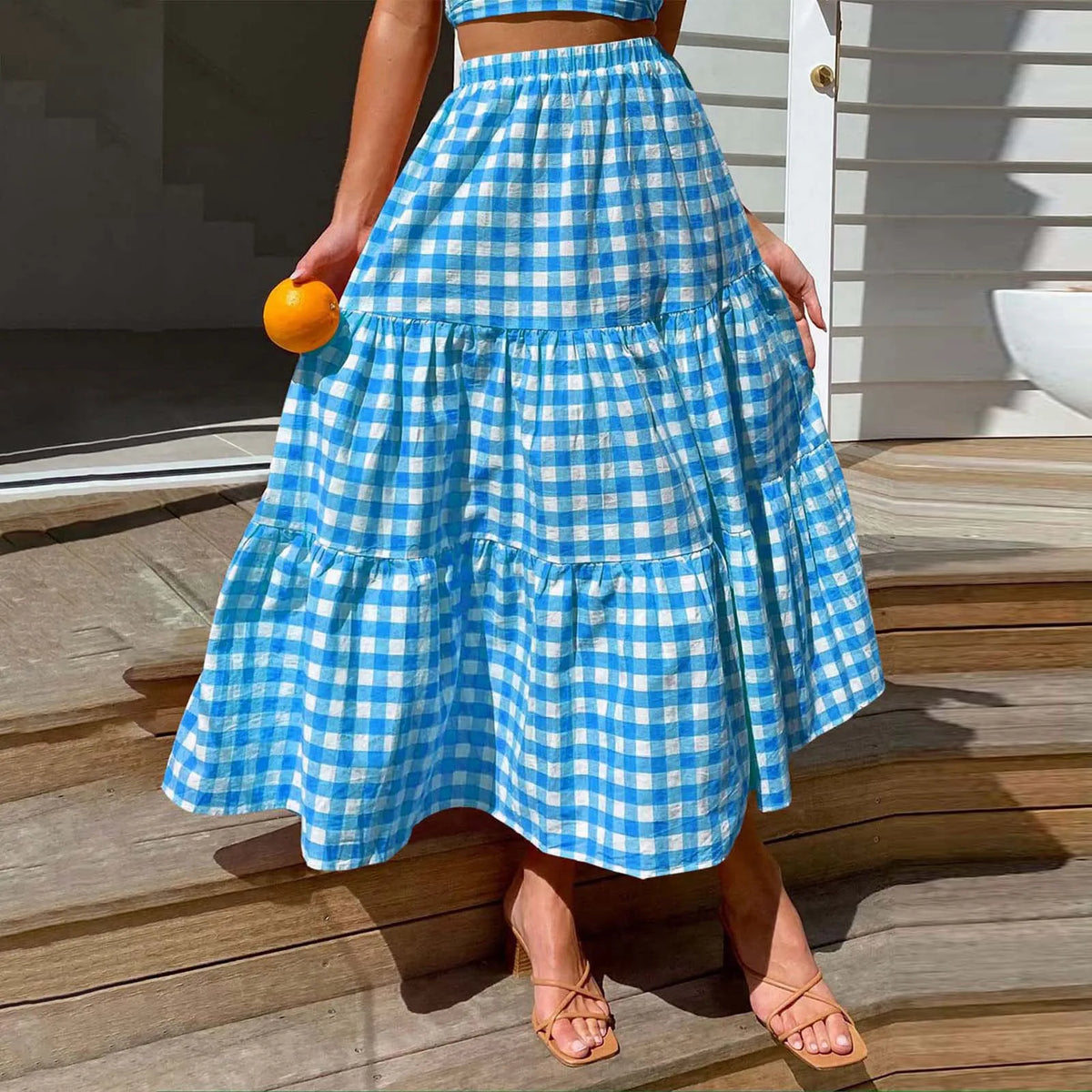 2026 Summer Vintage Checkered Maxi Skirt Women High Waisted Elastic Plaid Ruffle Long Skirts Retro Sweet Cake ALine Skirts