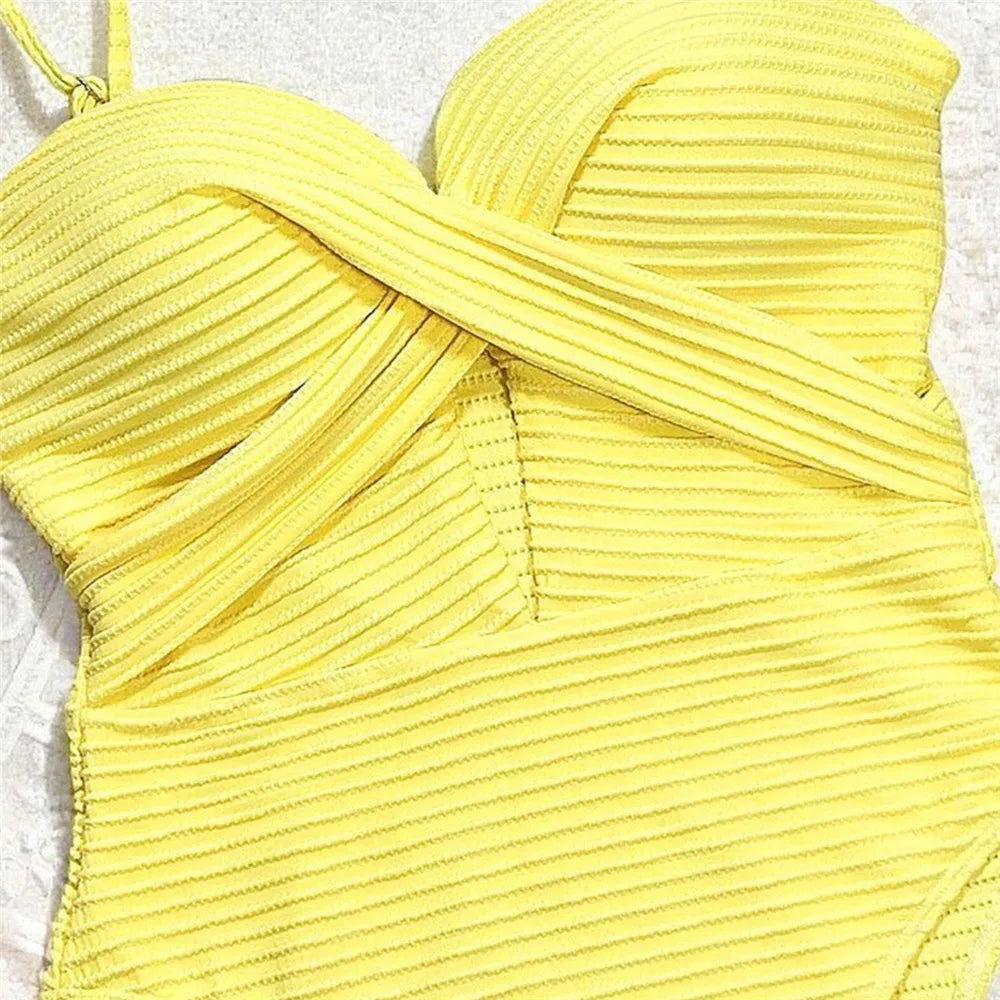 Solid Yellow Ribbed Swimwear Sexy Tummy Control Swimsuit One Piece Woman 2026 Hollow Out Bathing Swimming Suit Wear Monokini