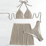 S - XL New With Skirt Ribbed Halter Bikini Female Swimsuit Women Swimwear Three-pieces Bikini set Bather Bathing Suit Swim V4351