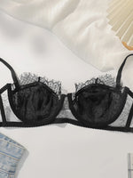 2-piece black lace ultra-thin transparent lingerie set sexy solid color set women's bra party thong underwear MR3406