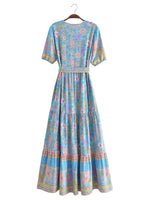 Foridol Single Breasted Bohemian Holiday Summer Women Dress Belt Casual Loose Maxi Floral Dress Short Sleeve Long Viscose Dress