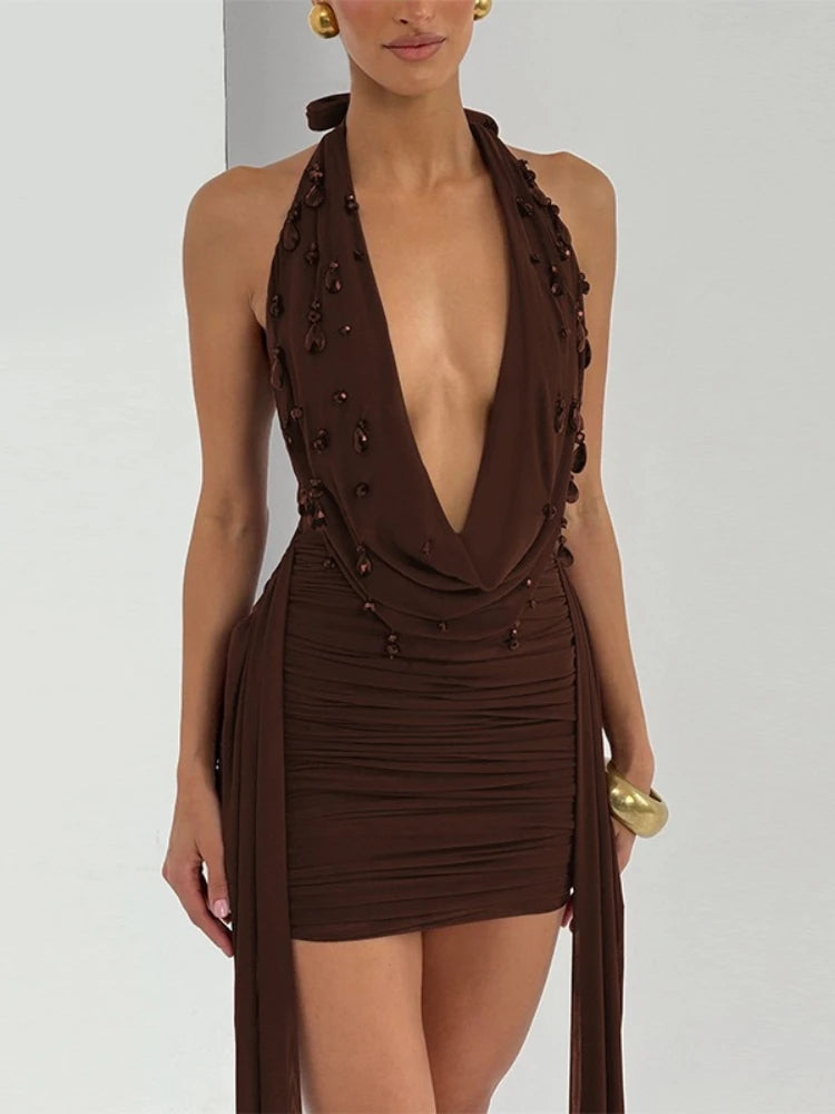 FDYOUI Elegant Halter Neck Water Drop Decoration Party Club Dress for Women 2026 Backless Bandage Folds Short Evening Dresses