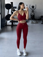 Halter Neck Yoga 2Pcs Set Women Soft Stretchy Top & Long Pants Gym Wear