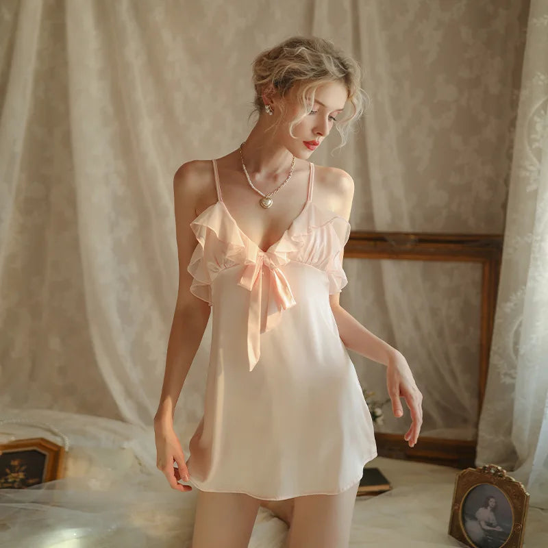 New Fashion Satin Nightgown Women's Silky Chemise Slip Dress Romantic Ruffle Detail Sleepwear Spaghetti Strap Lingerie Hot Sale