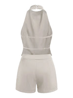 Summer Women's Solid Color Satin Shorts Sets Backless Mock Neck Halter Tops with Shorts 2 Piece Outfits Casual Streetwear