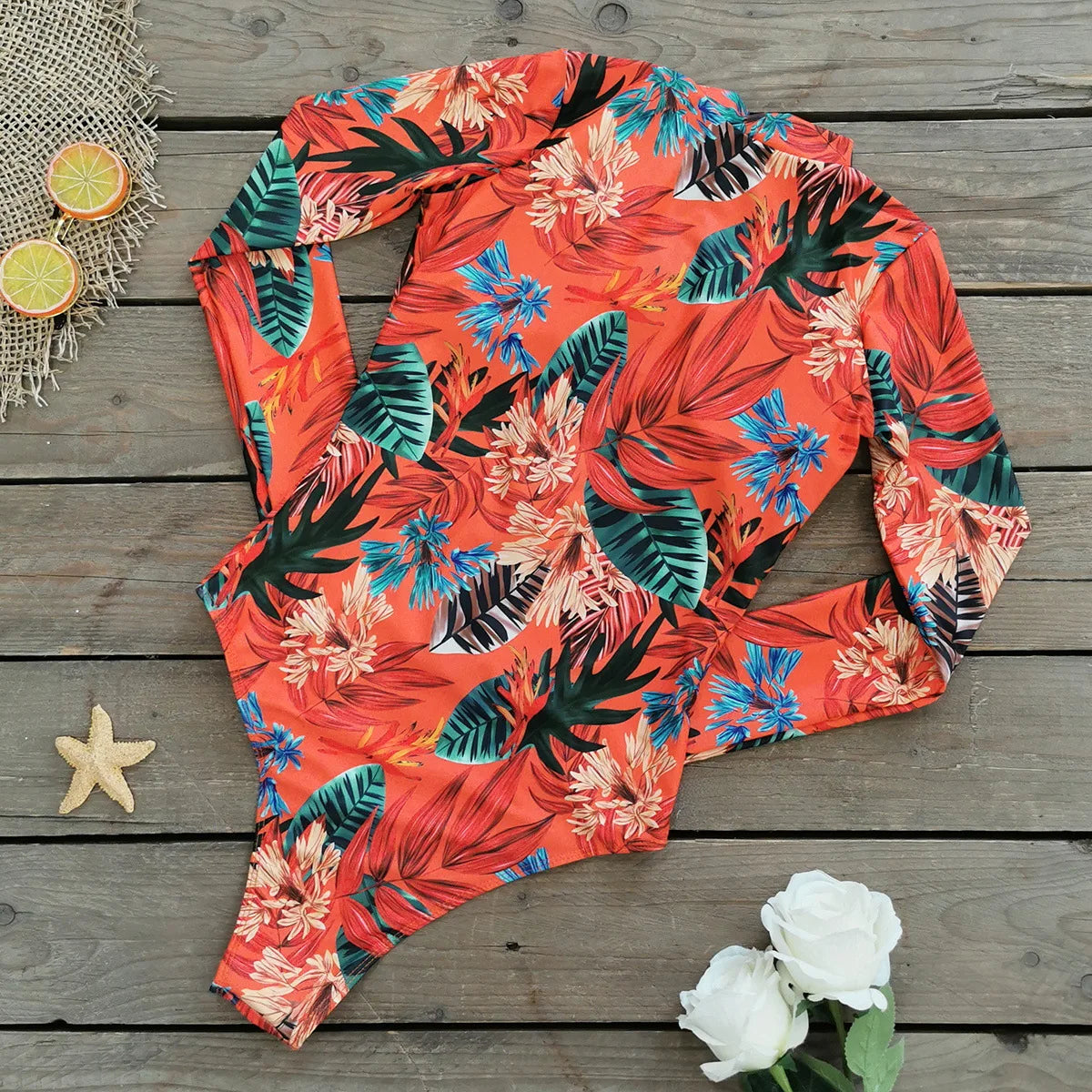 2024 Women One Piece Swimsuit Surfing Sport Swimsuit Long Sleeves Swimwear Print Monokini Bathing Suit Tropical Bodysuit Female