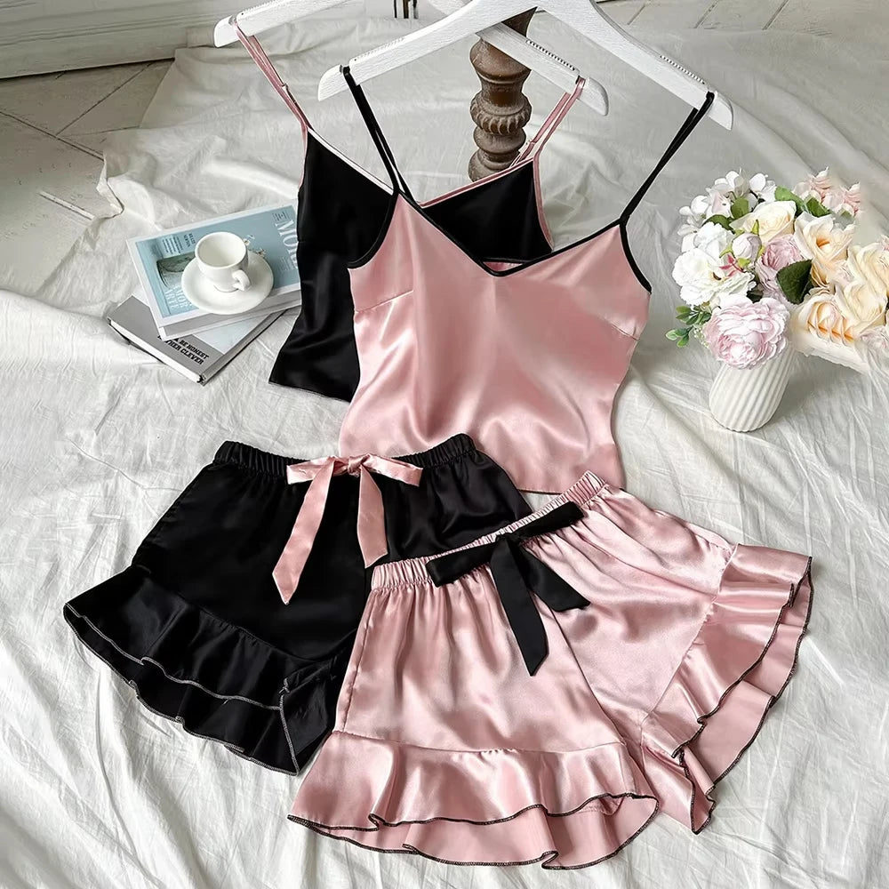 Women's satin pajama set sexy pleated pajama 2-piece set silk underwear shorts vest set soft and comfortable bow satin home wear