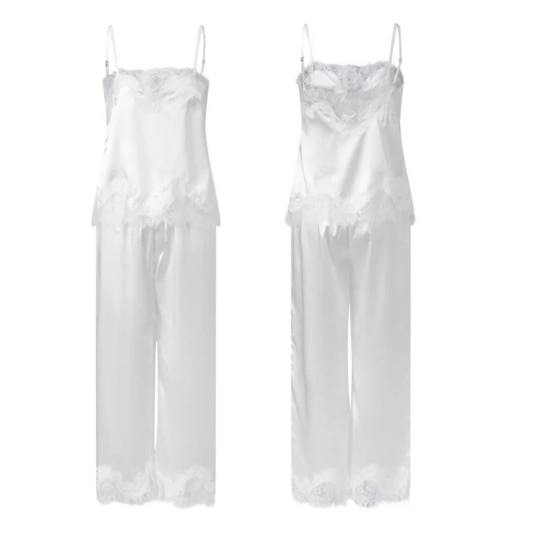 Women Summer Sleepwear White Satin Pajama Sets Lace Spaghetti Straps Cami with Pants Two Piece Sets