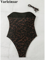 S - XL New Leopard Printed Bandeau Women Swimwear One Piece Swimsuit Female High Leg Cut Monokini Bather Bathing Suit Swim V8051