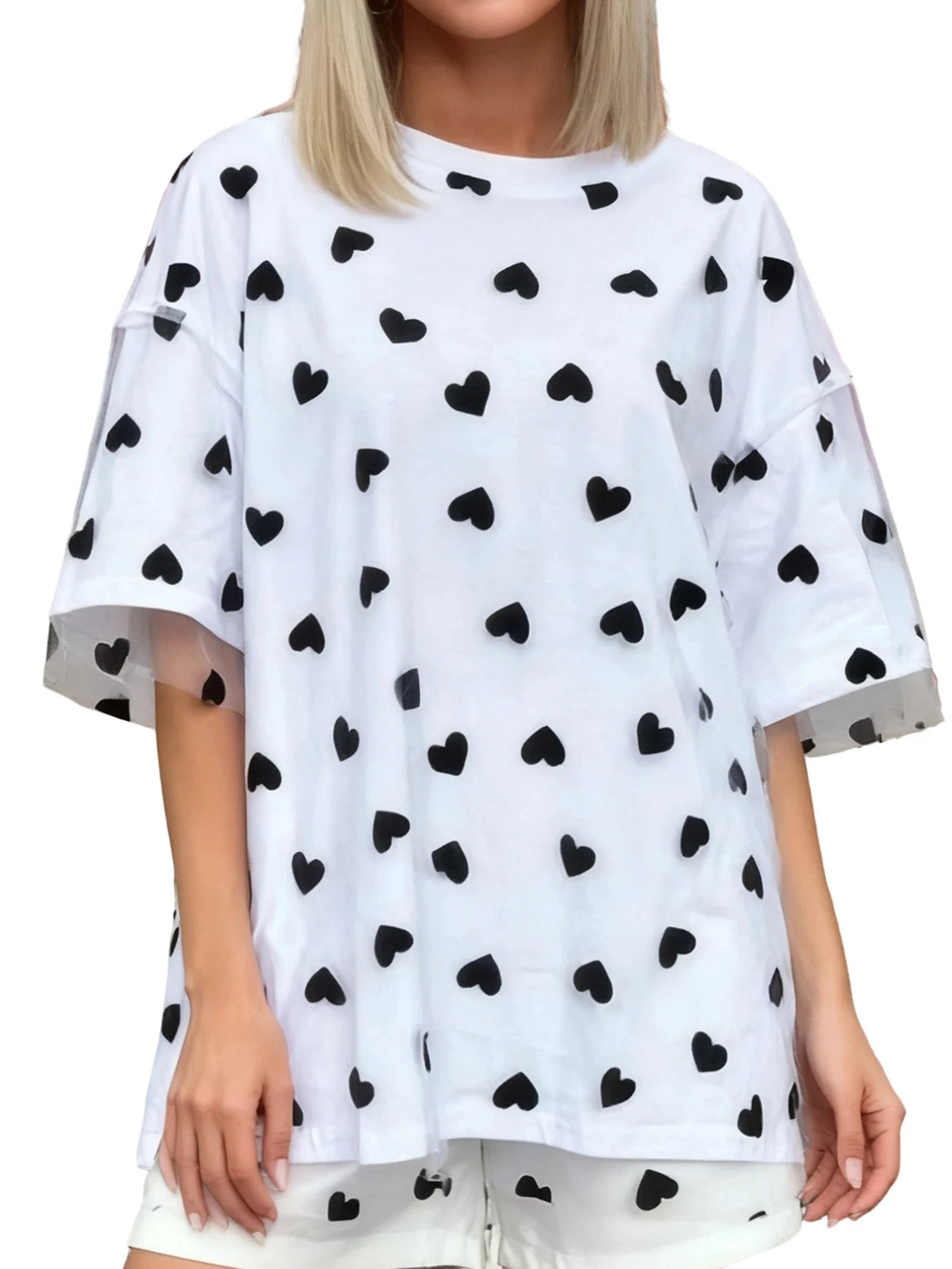 Summer T-Shirt Women Casual Loose Fit Stylish Love Heart Print Crew Neck Short Sleeve Tops