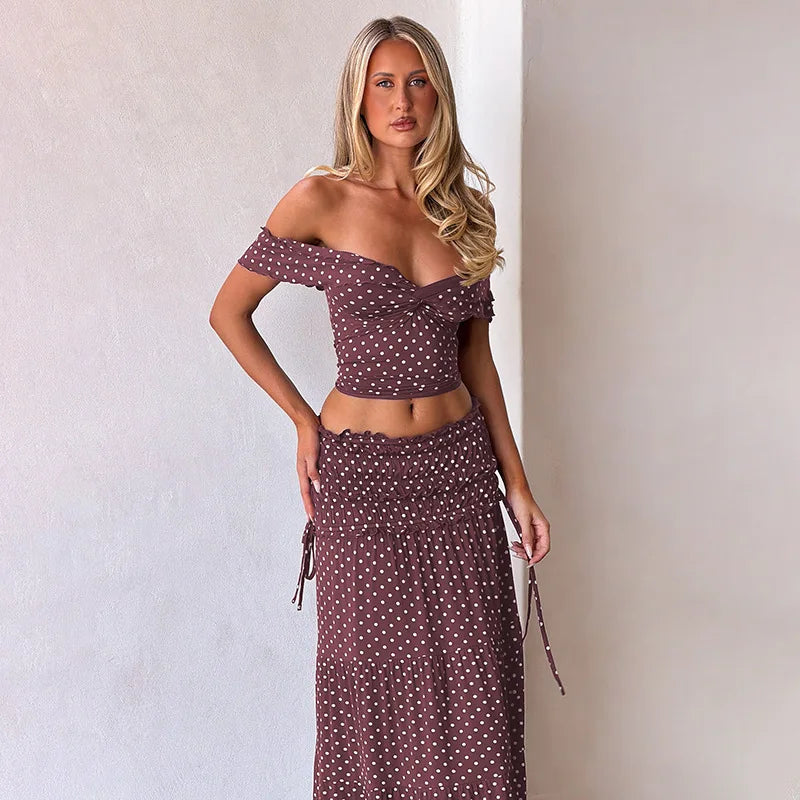 FDYOUI Woman Clothing Polka Dot Crop Tops and Lace-up Skirt Two Piece Sets Female Elegant Slash Neck Long Vacation Dresses Suit
