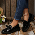 Patent Leather Med Heels Loafers Women Spring Plus Size 43 Bowknot Slip On Flats Woman British Style Student Pu Leather Shoes