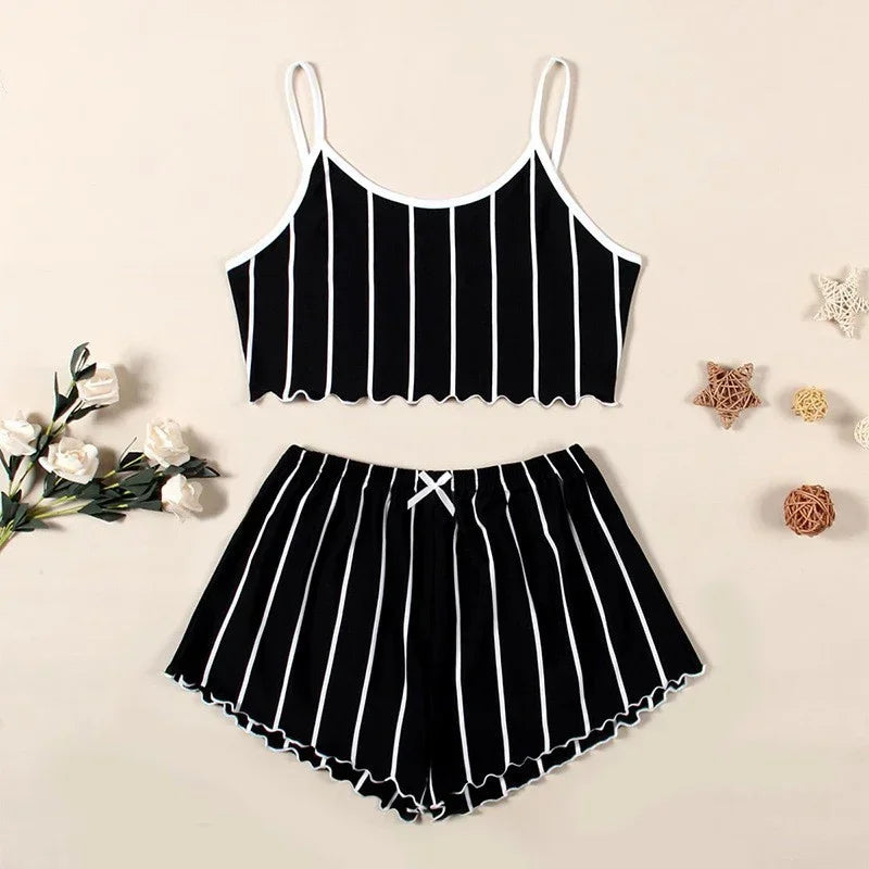 Summer Casual Pajamas Set for Women Sleepwear Sexy Lingerie Sleeveless Striped Tank Top Vest + Shorts Set Pijamas Homewear