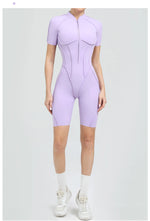 Summer Zipper Workout Jumpsuit Sports Overalls Women Running Fitness Short Sleeve Yoga Bodysuit