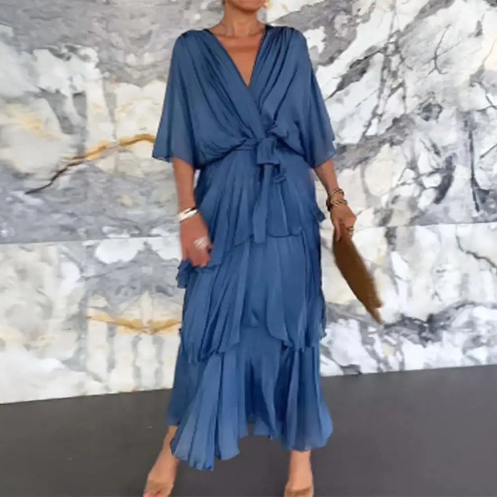 Women's Flowy Chiffon Wedding Guest Dress Ruffle Half Sleeve Empire Waist Ruched Wrap Dress V Neck Tiered Swing Dresses