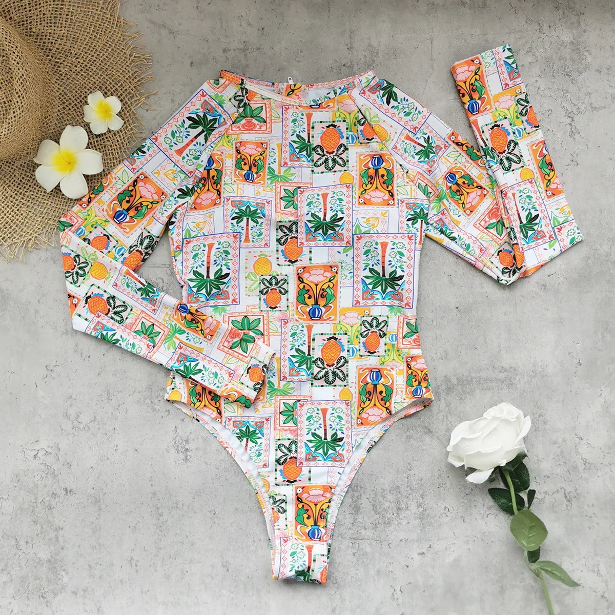 2026 Printed Long Sleeve Swimsuit Sexy Swimwear Women Backless Surf Swim Suit Slimming Bathingsuit Bikini Bodysuit Beachwear