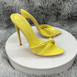 Women's Yellow Patent Leather Pointed Toe Stiletto Mules - Twisted Strap High Heel Sandals for Party, Summer & Evening
