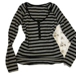 Y2K Striped T-shirt Vintage Punk V Neck Half Open Buckle Long Sleeve Top Gothic Subculture Punk Casual Slim Fit Versatile Tops