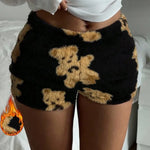Women Autumn Winter Ins Style Cute Bear Printed Fluffy Shorts Thick Soft Cozy Hot Girl Loungewear Sleep Wear