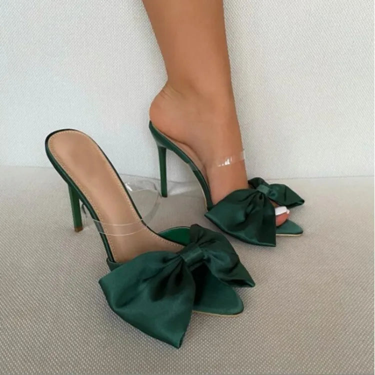2025 Silk Butterfly Knot Women PVC Slippers Mule 11cm High Heels Slippers Luxury Sandals Pointed Toe Strappy Slides Party Shoes