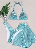 Sexy Swimsuits Women Halter Bikini Lace Up Green Snakeskin Print Pleate Skirts 3 Piece Swimwear Beach Bathing Suit Swimming Suit