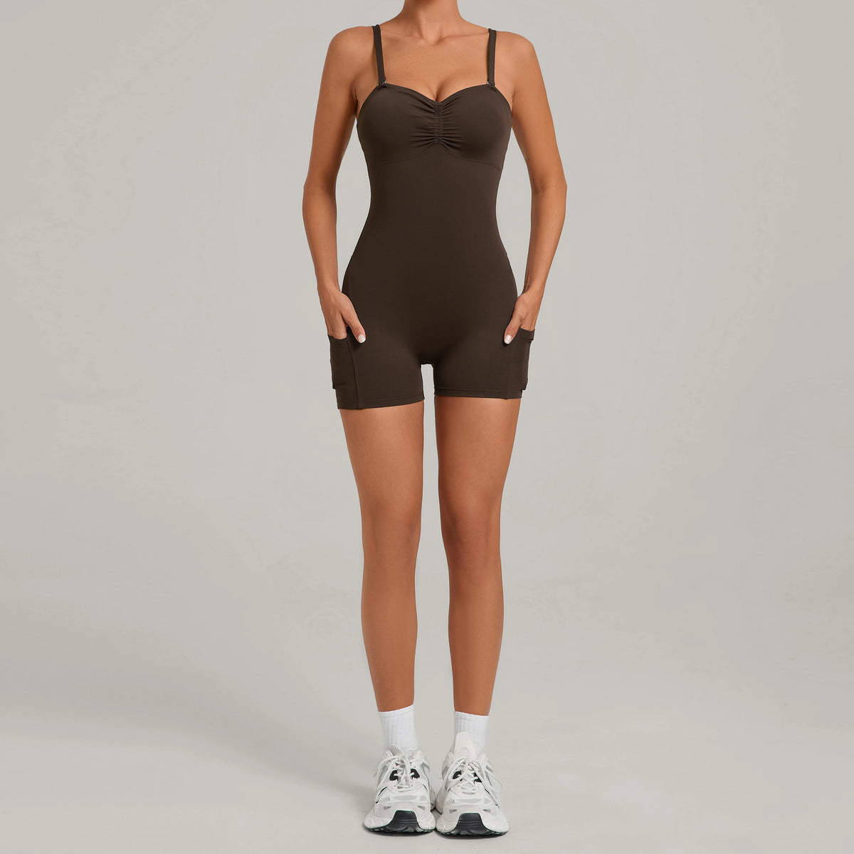 Womens Two Way Wear Bodysuit Sleeveless Yoga Stretch One Piece Romper Sexy Fitness Side Pockets Sportwears Bodysuit