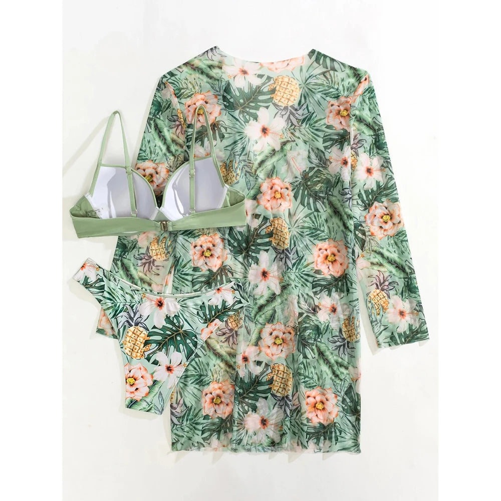 2025 Three Pieces Bikini Set Cover Up Swimwear Women Swimsuit Print Long Sleeve Push Up Bathing Suit Beachwear Swimming Biquini