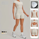 Women's Seamless Yoga Sets Sports Fitness Workout Hip-lifting High Waist Shorts Backless Short-sleeve Vest Suit Gym Training Set