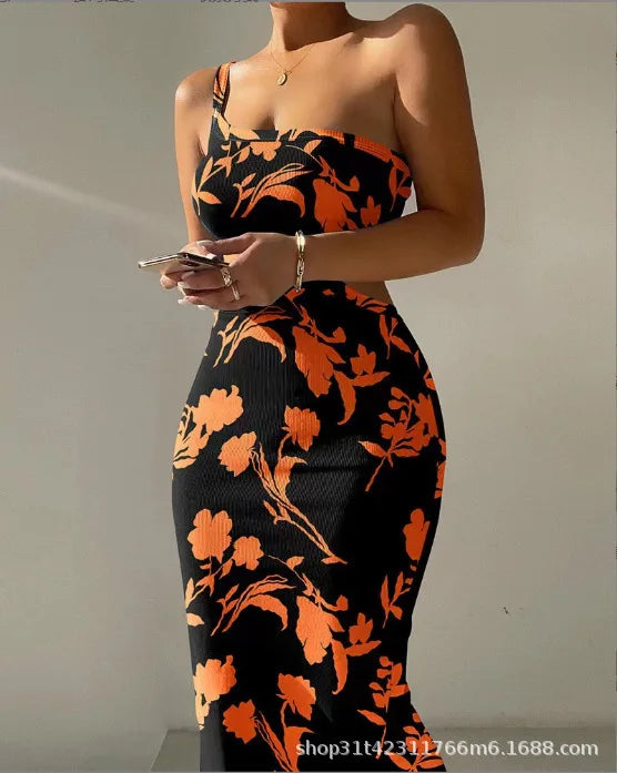 Print One Shoulder Spaghetti Strap Dresses Women Sexy Hollow Out Backless Package Hip Bodycon Dress Fashion Trendy Lady Vestidos