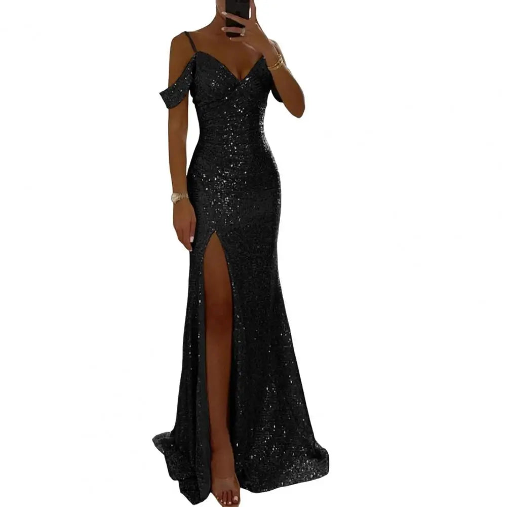 Women Evening Dress Off Shoulder V Neck Side Slit Floor Length Sequin Ball Gown Sleeveless Prom Wedding Party Banquet Maxi Dress