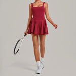 Naked Fake Two Piece Tennis Dresses with Pocket Bottom Women Back Hollow Out Pleate Skirts Outwear Square Collar Golf Yoga Dress