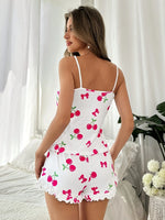 Women’s Cherry Print Cami Pajama Set 2 Piece Bow Detail Ruffle Shorts Cute Sleepwear Loungewear Summer
