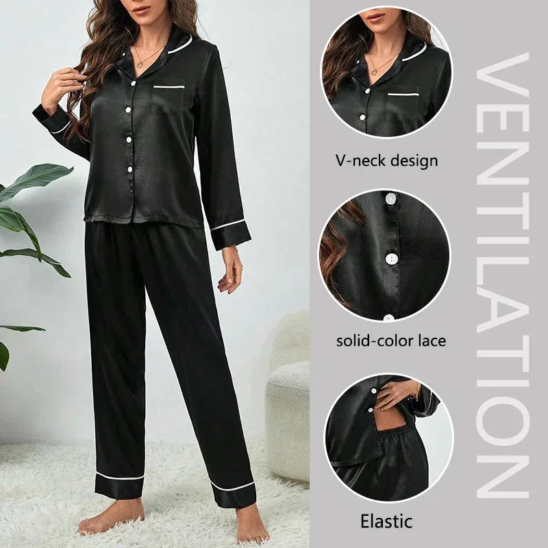 Spring Autumn Silk Pajamas Set for Women Casual Soft Nightwear Tops and Pants Solid Buttons Cardigan Sleepwear Homewear