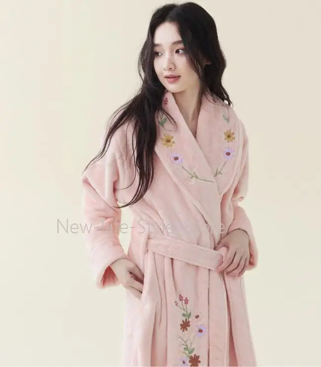Elegant Bridal Premium Embroidered Coral Fleece Bathrobe for Ladies Thick Extra Long Warm Winter Home Dressing Gown Sleepwear