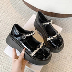 Women Pearl Lace Bow Platform Mary Jane Shoes Adjustable Buckle Strap Chunky Sole Sweet Lolita JK Casual Dress Shoes Black White