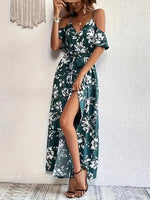New Summer Women Print Dress 2025 Fashion ElegantVacation Party Short Sleeve Slim V-neck Slit Long Dresses Vestidos Para Mujer