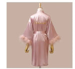 Women FEATHER Bride Bridesmaid Wedding Robe Satin Kimono Bathrobe Gown Nightwear Embroidery Letter Nightgown V-Neck Lingerie