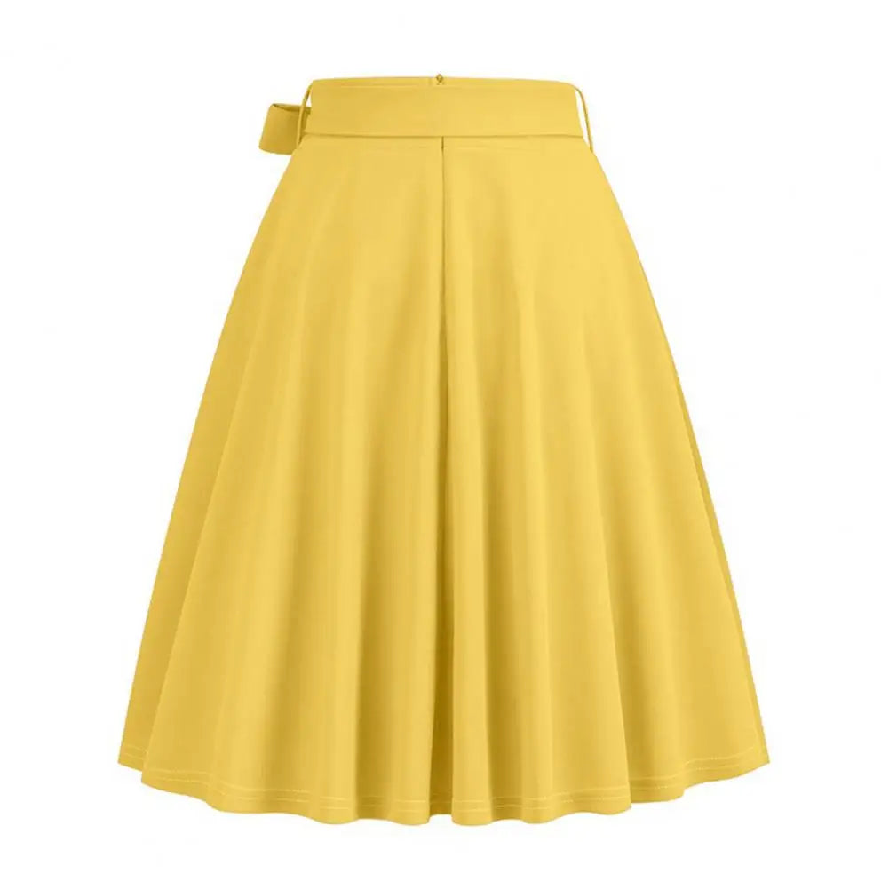 Women Skirt A-line Big Swing Belted Tight Waist Bow Decor Solid Color High Waist Soft Ruffle Summer Dating Party Midi Skirt