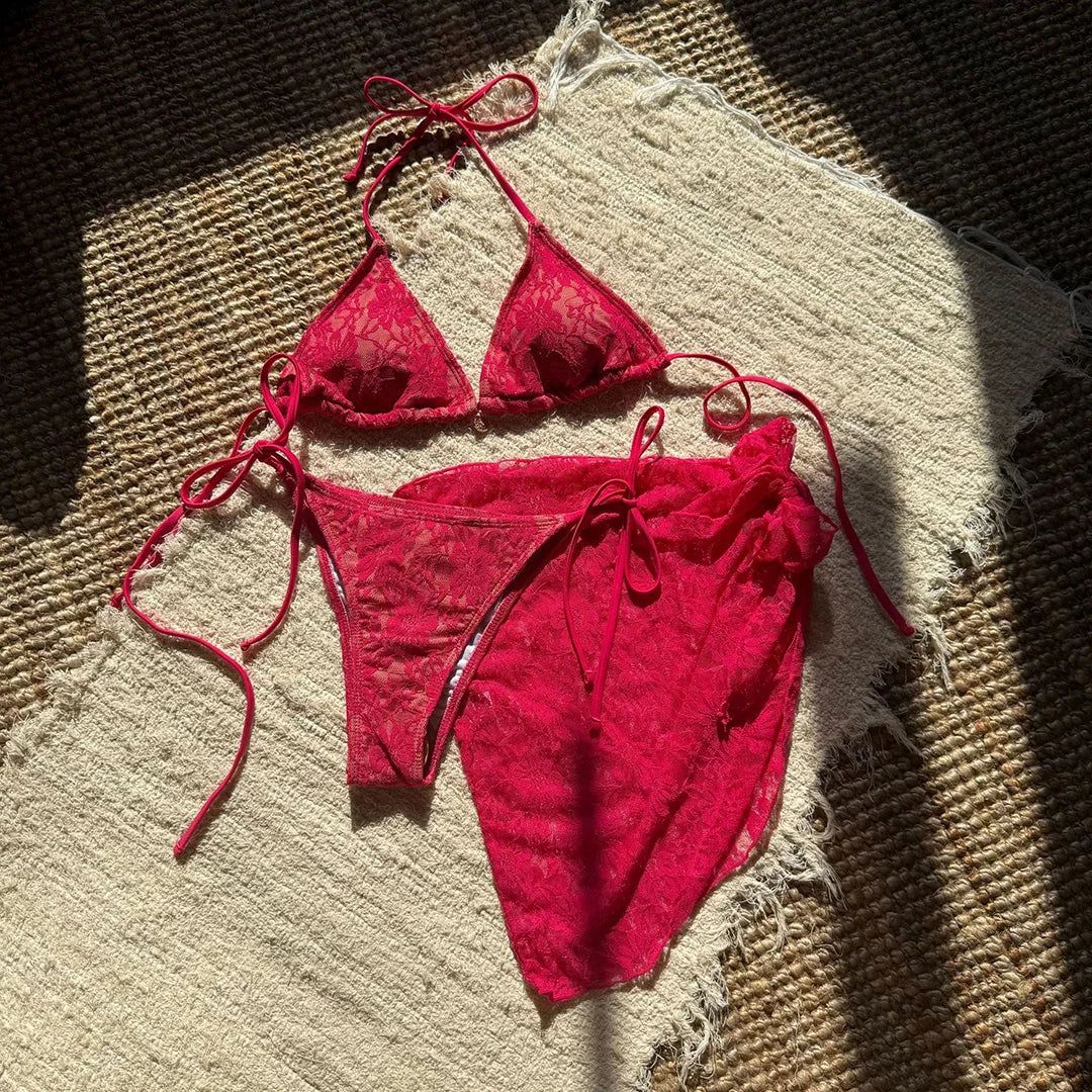 Mesh Sarong Lace Halter High Cut Bikini Female Swimsuit Women Swimwear Three-Pieces Bikini Set Bather Bathing Suit Swim V6284