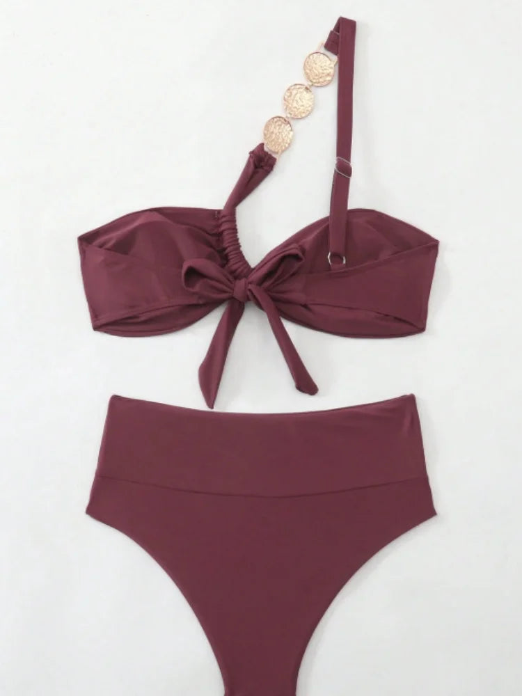 Sexy Metal Chain One Shoulder Bikini Set Women Solid Pleate Push Up Bra High Waist Swimsuit 2026 Bathing Suit Holiday Swimwear