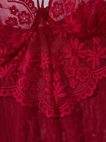 Deep V netted embroidered nightgown and thong set. Red lace strapless sexy women's homewear. ZA825096