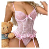 Thin Women Pajama Set Sexy Lingerie Lace Hollow Crotchless Bodysuit Teddy Dress Erotic Costumes Deep V Open Garter Underwear Set
