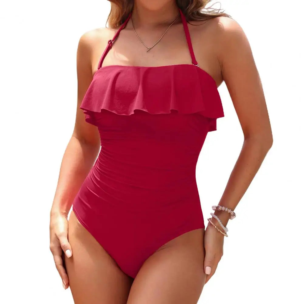 One Piece Women Swimwear 2025 Strapless Ruffle Tummy Control Bandeau Swimsuit Removable Strap Slimming Women's Bikinis
