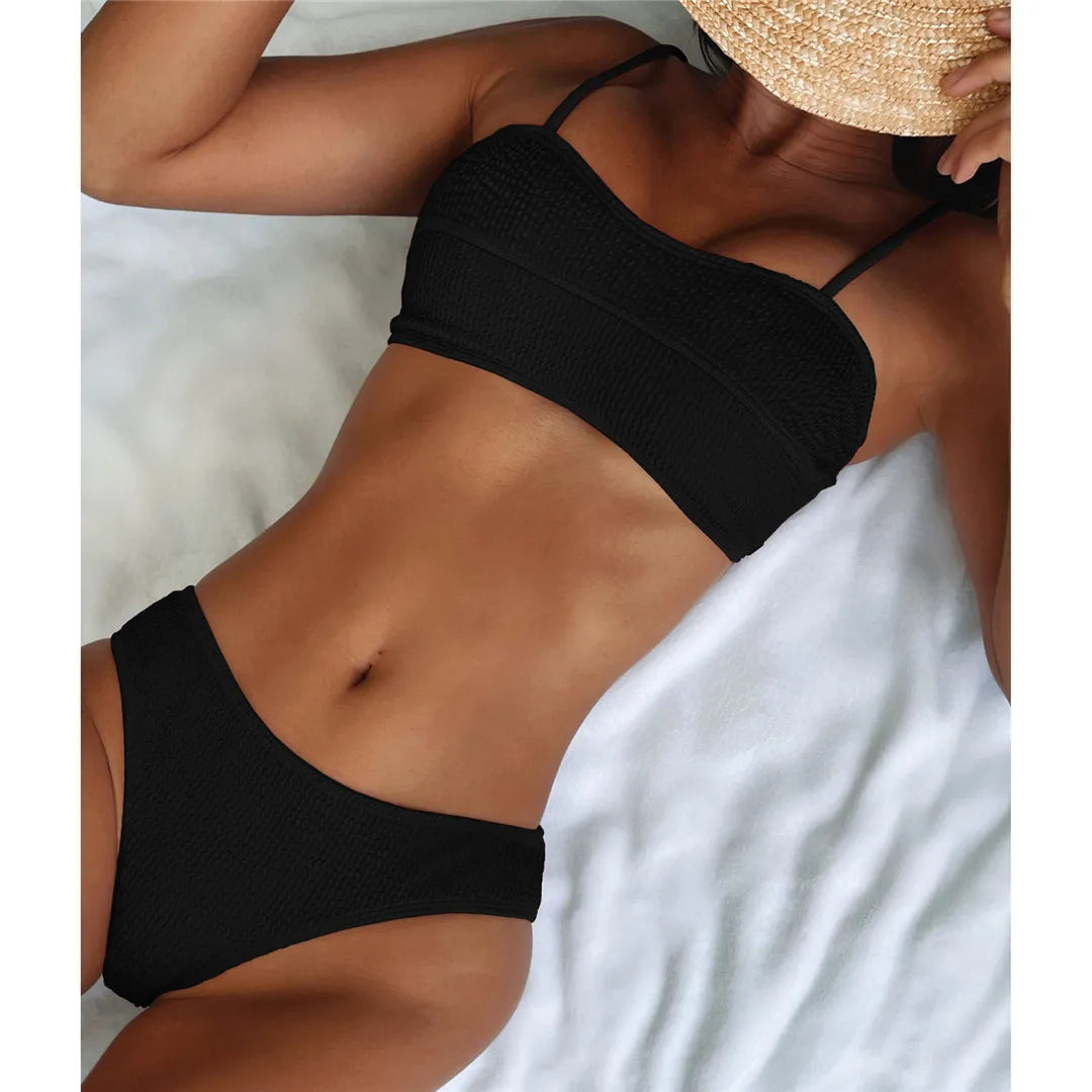New Sexy Wrinkled Mid Waist PaddedBikini Women Swimwear Female Swimsuit Two-Pieces Bikini Set Bather Bathing Suit Swim V3163